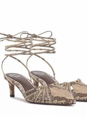 NWOT Vince Camuto Beige Snake-Print Pointed Ankle-Tie Heels